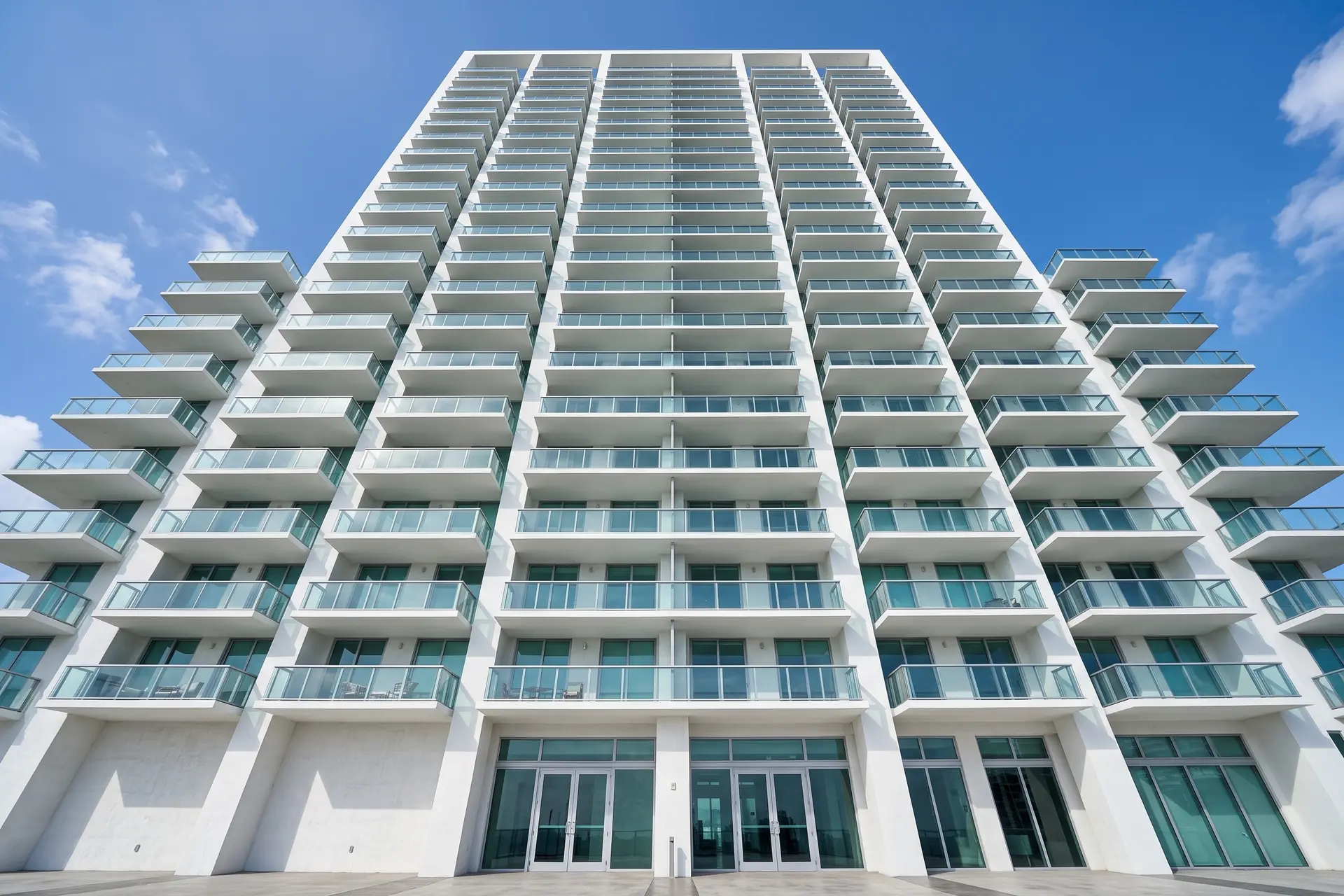 Una torre residencial blanca vista desde abajo, con sus balcones rectos repitiéndose piso tras piso contra el cielo.