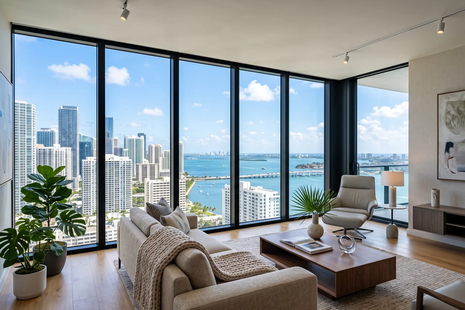 Living room in a high-floor apartment, with floor-to-ceiling windows looking over the city and the bay.