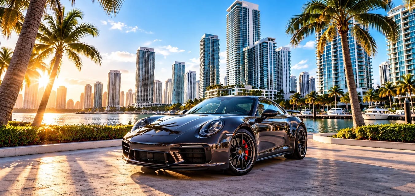 Auto sportiva scura parcheggiata su una piazza sul lungomare di Miami, con palme, torri residenziali e un porticciolo al tramonto
