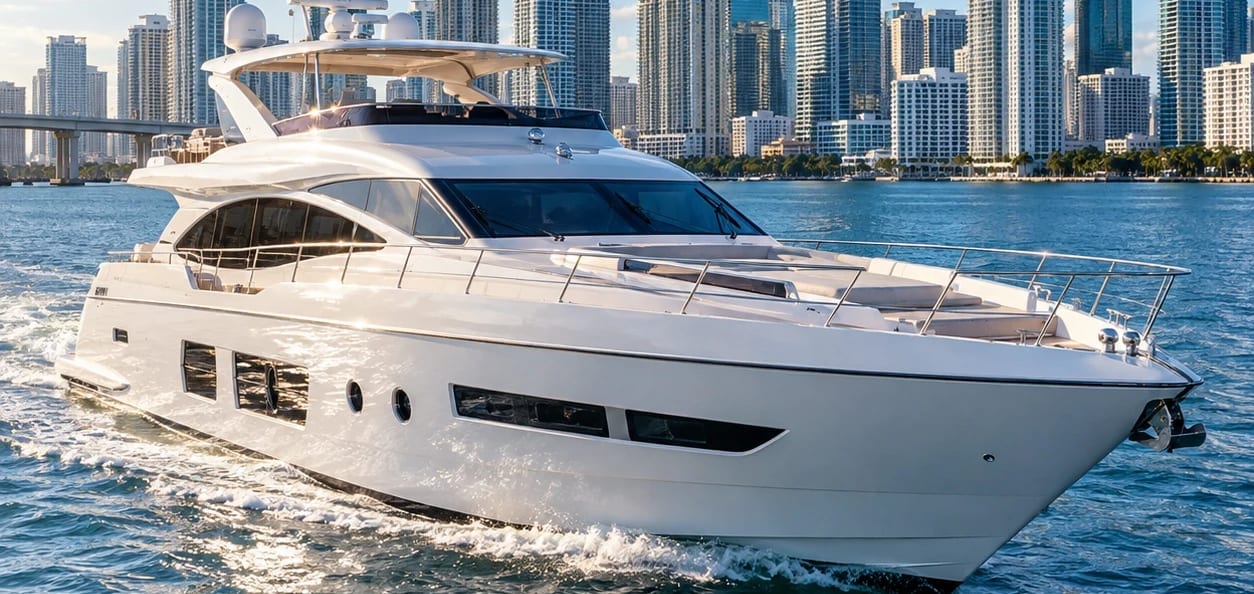 Yate de lujo blanco navegando en la bahía de Biscayne, con el skyline de Miami detrás