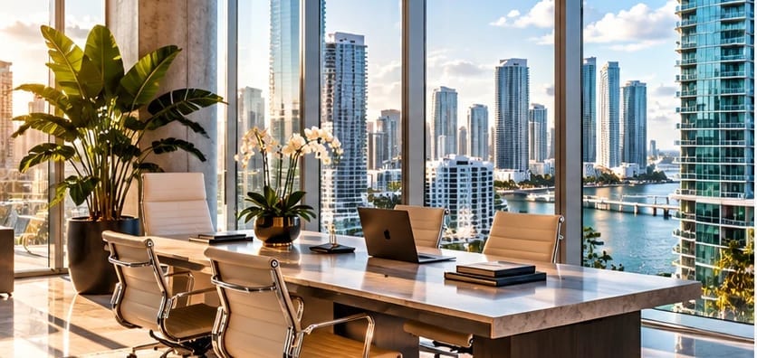 Tavolo riunioni in un ufficio a un piano alto di Miami, con vetrate sulla baia e sui grattacieli della città