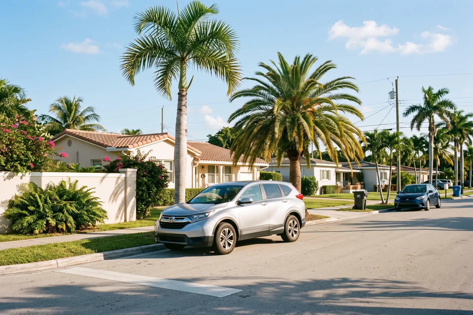 Un auto estacionado junto al cordón en una calle residencial de Miami, con palmeras y casas bajas de colores claros.