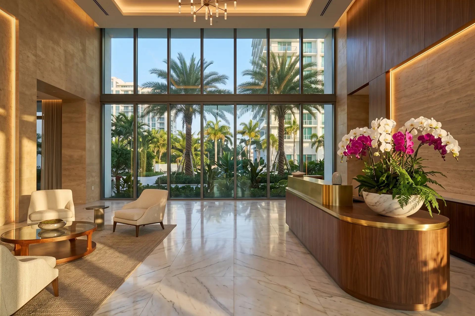 The lobby of a residential building, with a marble floor, armchairs and orchids on the front desk.