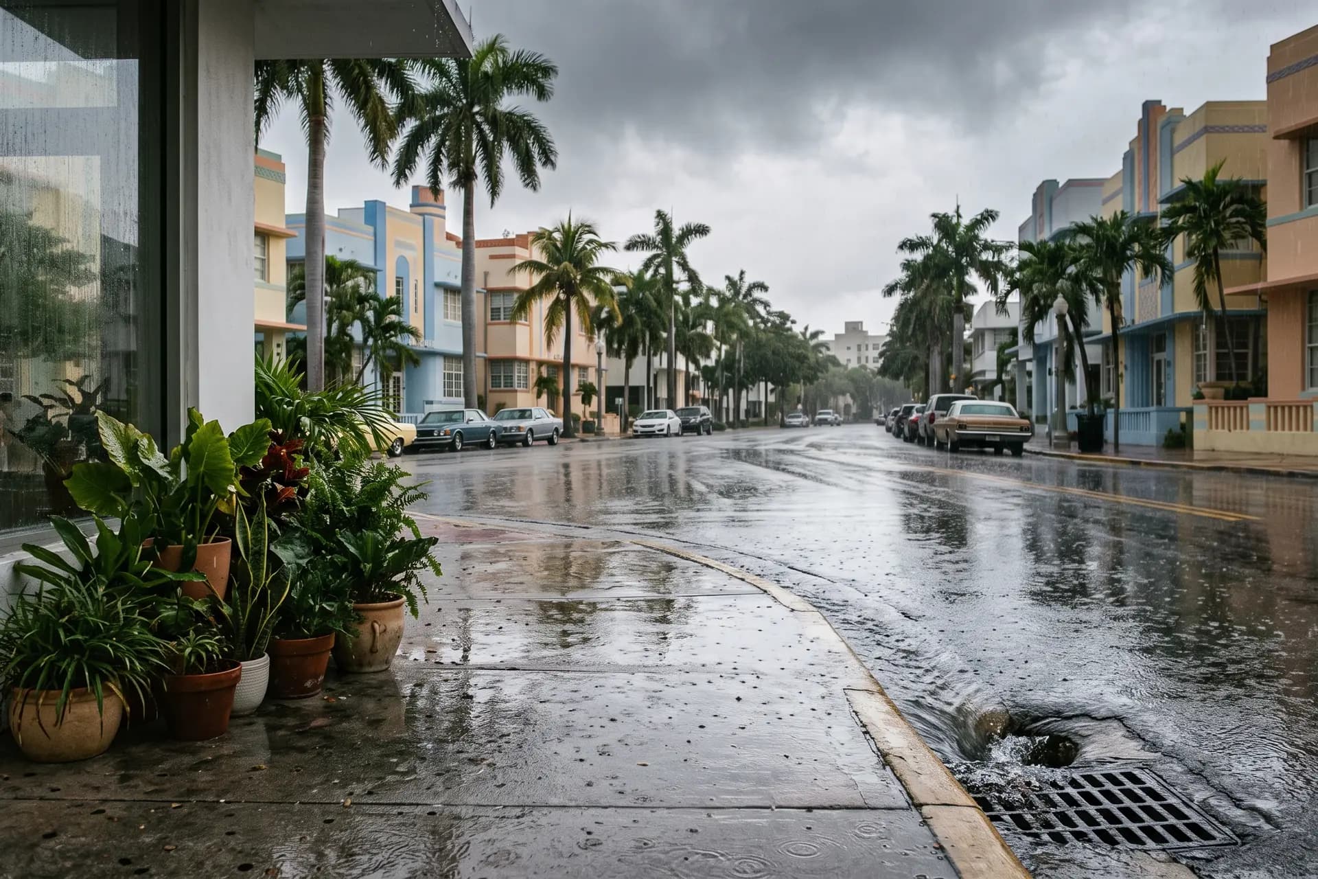 Una calle mojada después de la lluvia, con el agua corriendo por el cordón hacia una boca de tormenta.