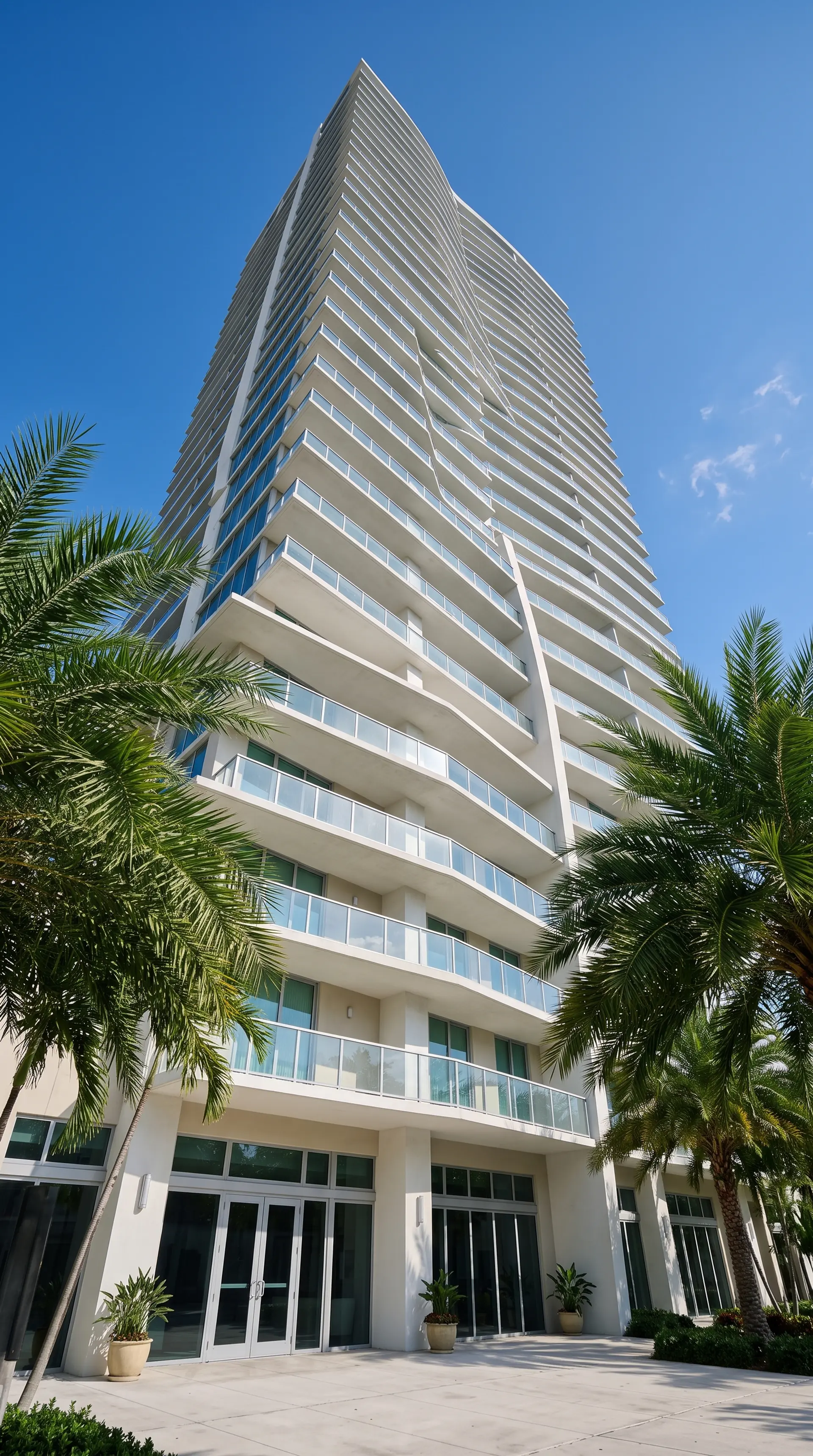 A white residential tower seen from below, with curved balconies and palms in the foreground against a clear sky.