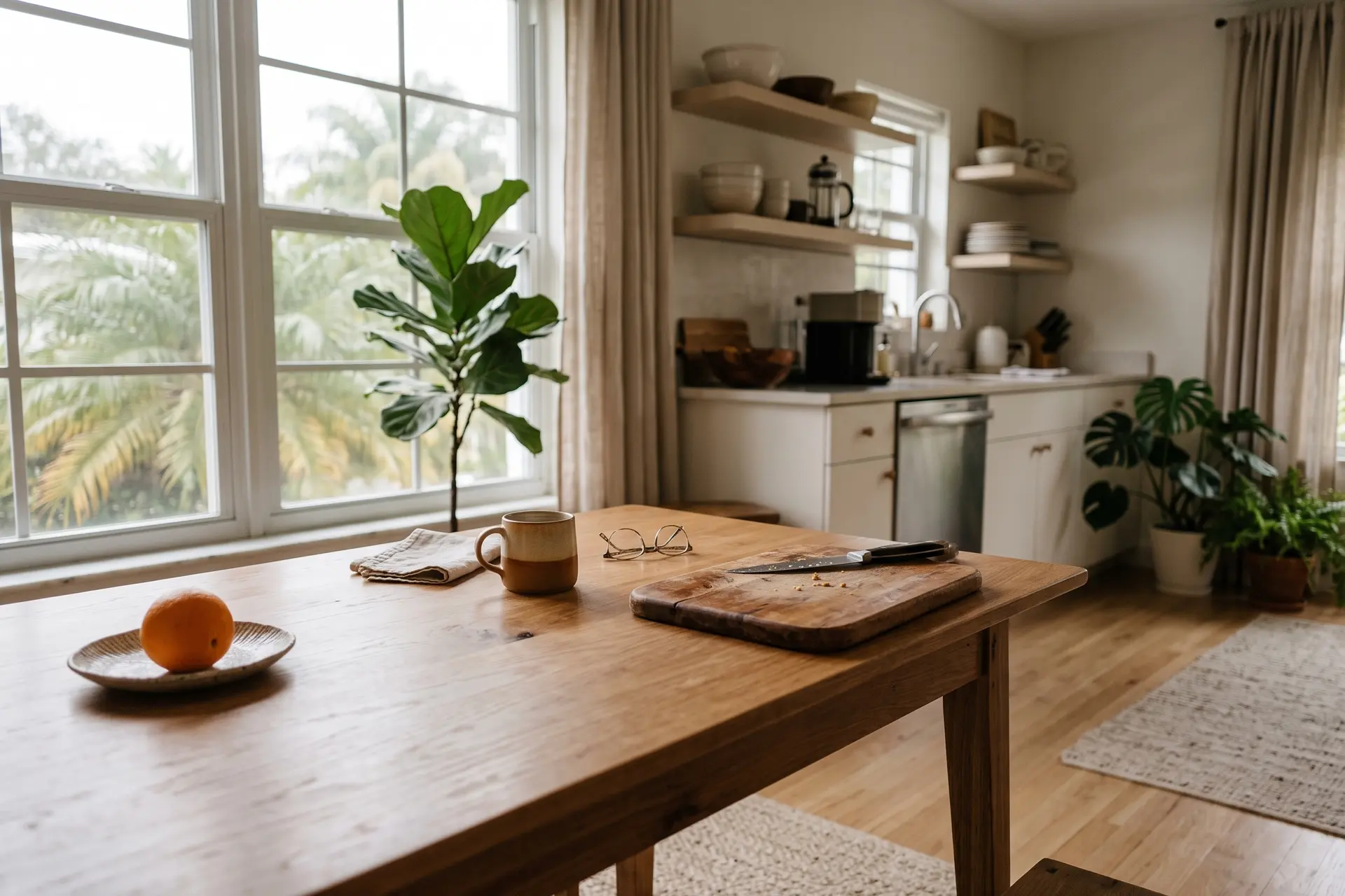 A kitchen table by a large window in the morning light, with a mug, a newspaper and a plant.