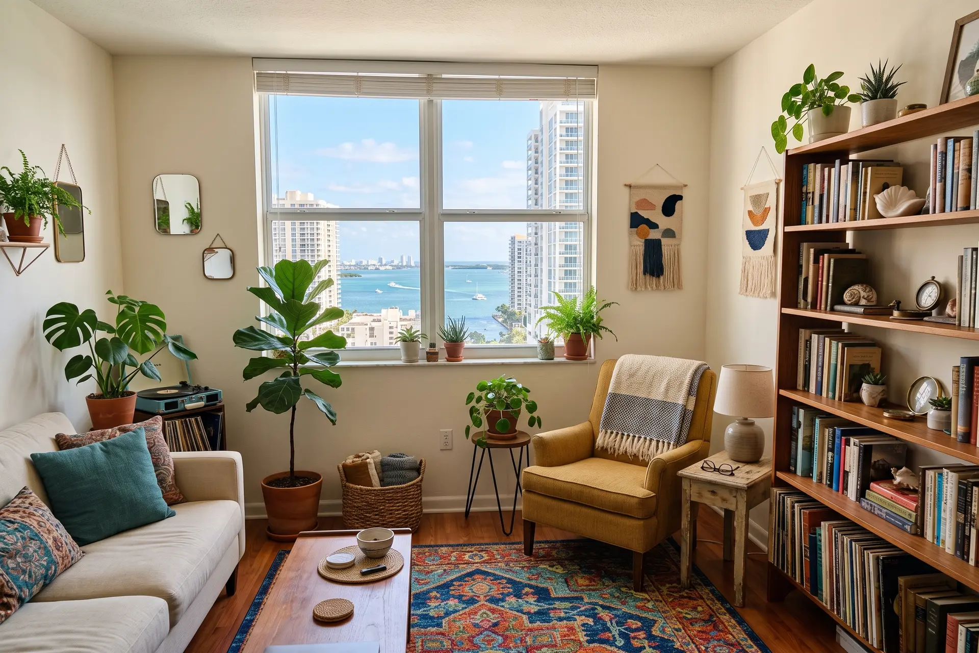 A small apartment with a bookshelf full of books, an armchair, a rug and a window onto the bay.