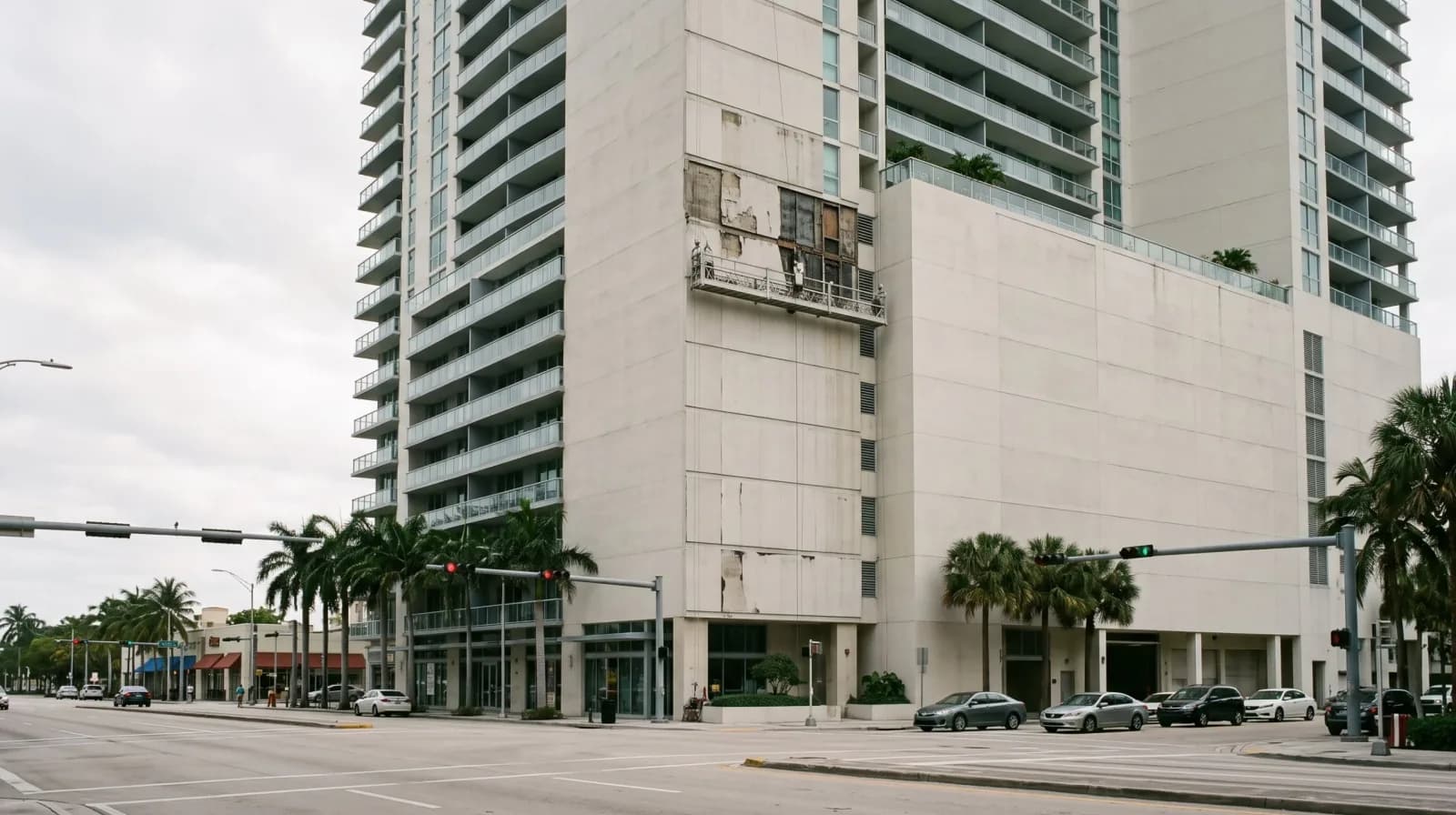 Una torre residenziale a Brickell, Miami, con una piattaforma sospesa su una delle facciate e una porzione del rivestimento rimossa per la riparazione.