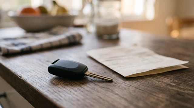 A single car key on a kitchen counter next to a folded policy document.