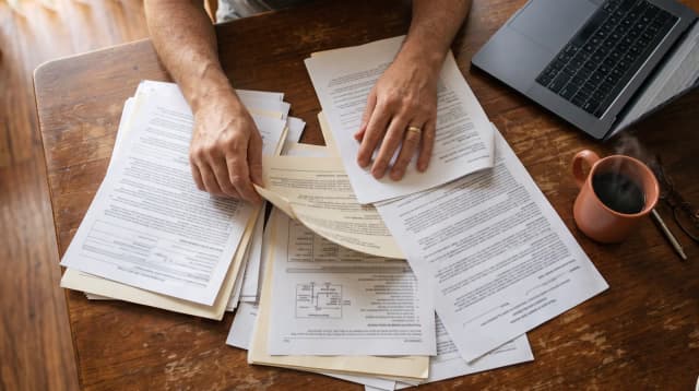 Hands sorting through several policy documents spread across a desk, next to a laptop and a cup of coffee.