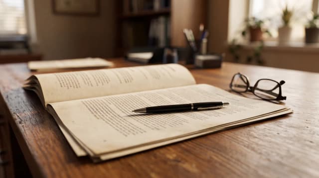 Un contrato encuadernado abierto sobre un escritorio de madera, con una lapicera apoyada sobre la hoja y unos anteojos al lado.