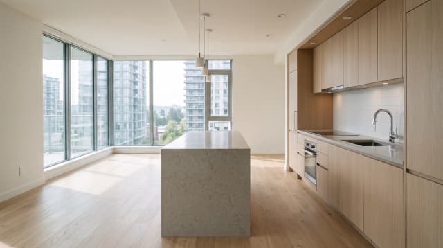 The kitchen of a newly finished condominium: new cabinets, a stone island and towers visible through the window.