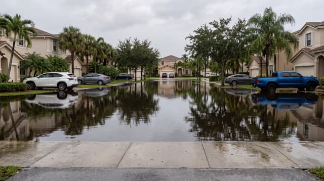 A residential street covered by standing water that reaches the driveways of the houses on both sides.