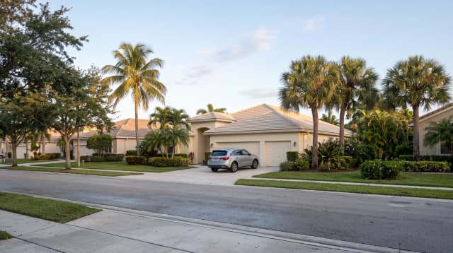 A Florida house at dusk with a car parked on the driveway in front of the garage.