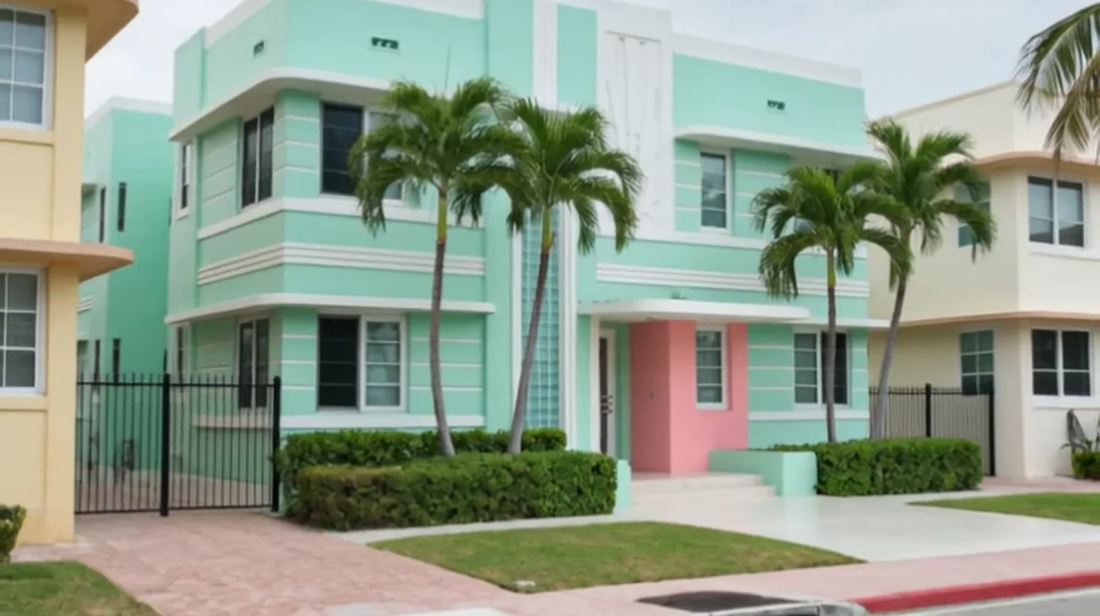 Edifici art déco dai toni pastello a Miami Beach con palme sul marciapiede