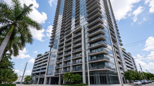 A Miami condominium tower seen from street level, its balconies stacked above a parking podium.