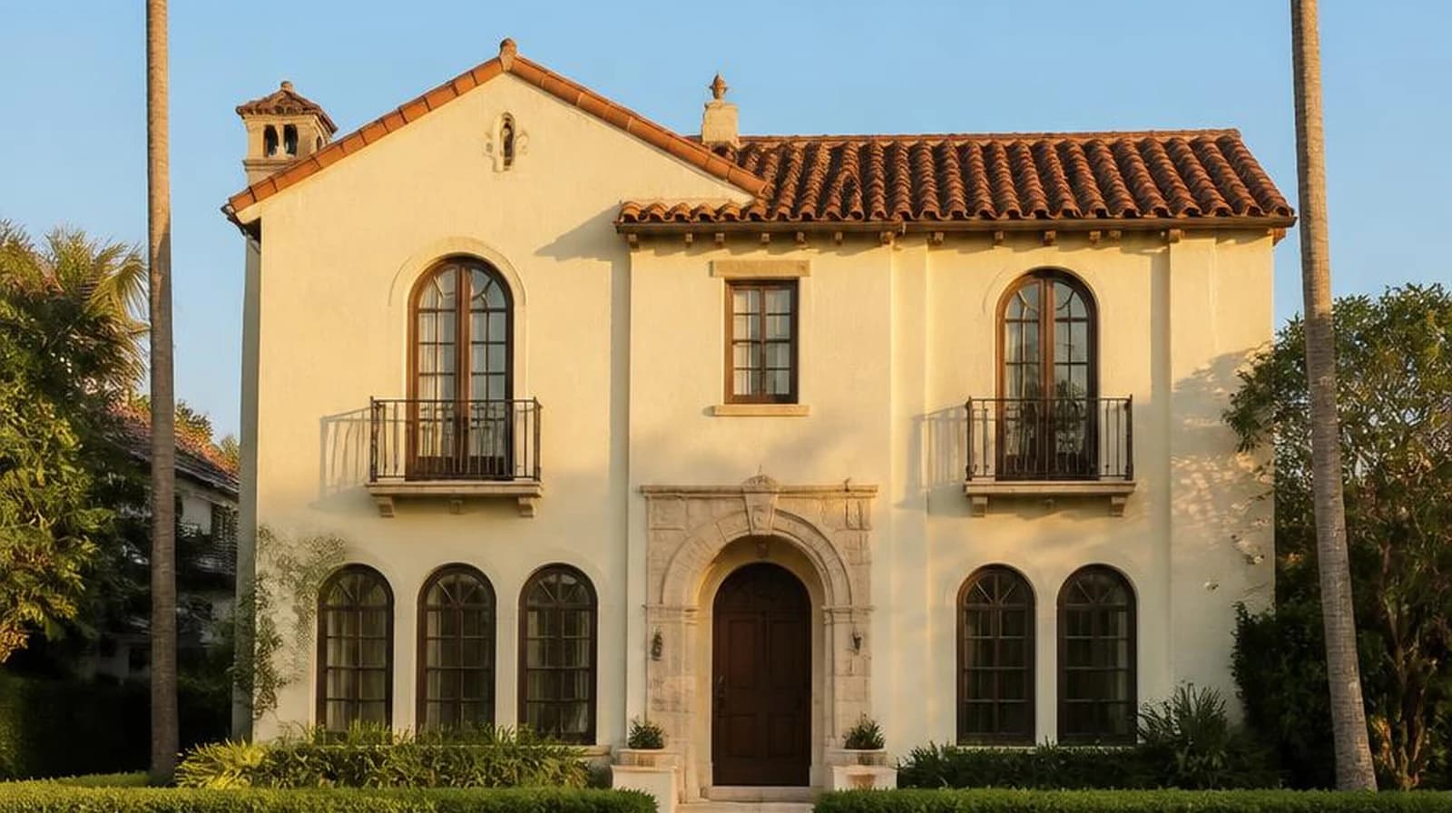 Una casa in stile Mediterranean Revival a Miami sotto un cielo sereno, nel tardo pomeriggio.