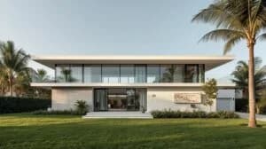 The exterior of a recently renovated modern Miami home, with palm trees in front.
