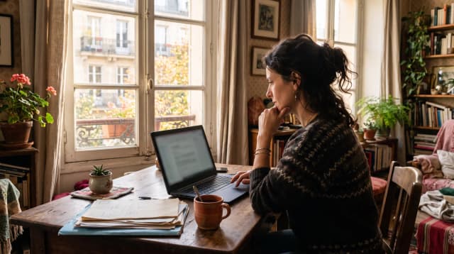 Una mujer trabaja frente a una computadora portátil junto a la ventana de un departamento europeo, con documentos de una propiedad sobre la mesa.