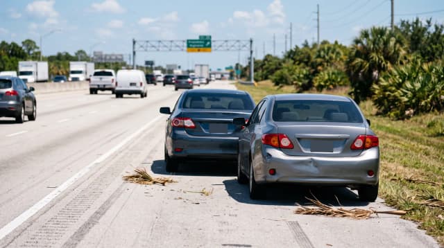 Dos autos detenidos en la banquina de una autopista de Florida tras un choque trasero, con el paragolpes de uno de ellos abollado.