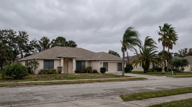 A Florida house with metal shutters closed over its windows, under an overcast sky, palm trees bending in the wind.