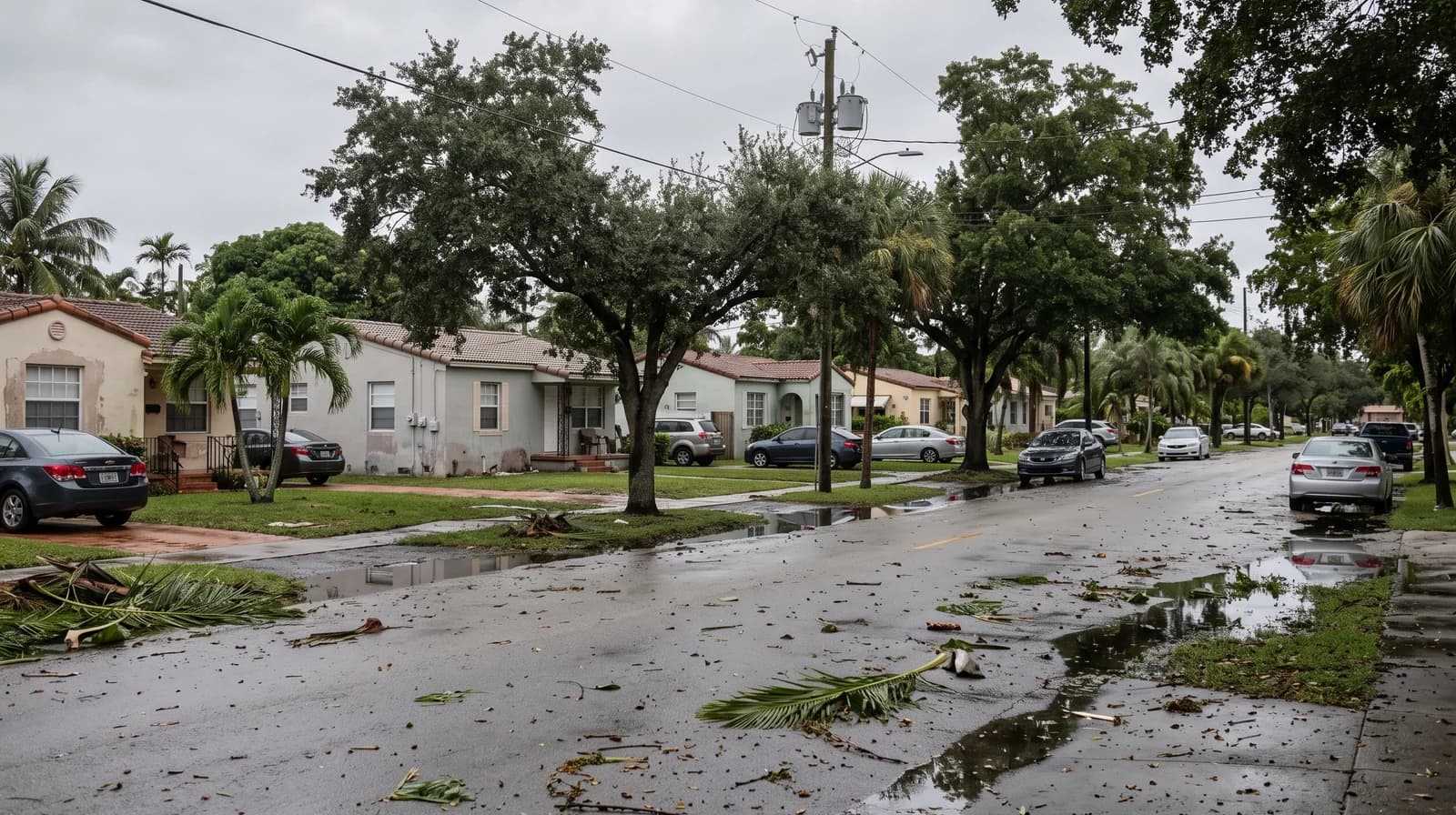 Una strada residenziale di Miami la mattina dopo una tempesta, con acqua ferma e foglie di palma sull'asfalto.