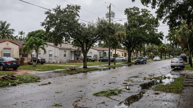 Una strada residenziale di Miami la mattina dopo una tempesta, con acqua ferma e foglie di palma sull'asfalto.